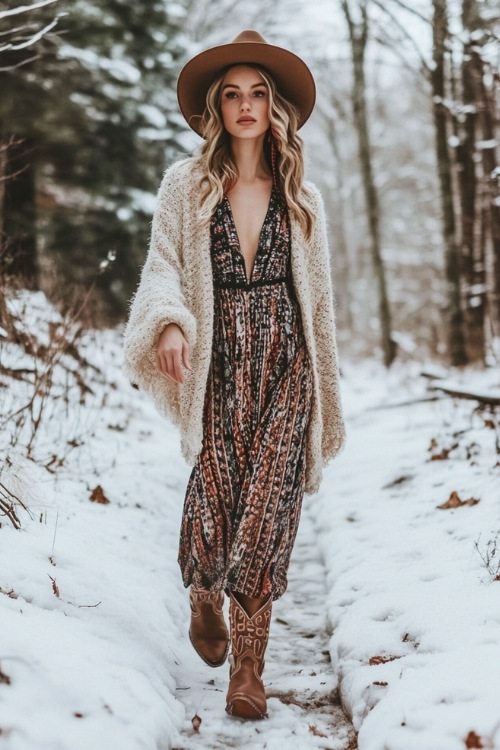 A boho-inspired look featuring a patterned maxi dress, tan cowboy boots, and a chunky knit cardigan