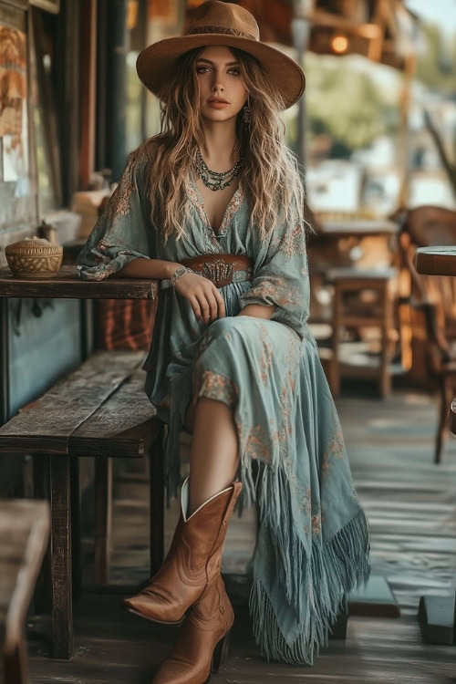 A boho-inspired maxi dress paired with suede cowboy boots, accessorized with a fringe bag, in a cozy outdoor café