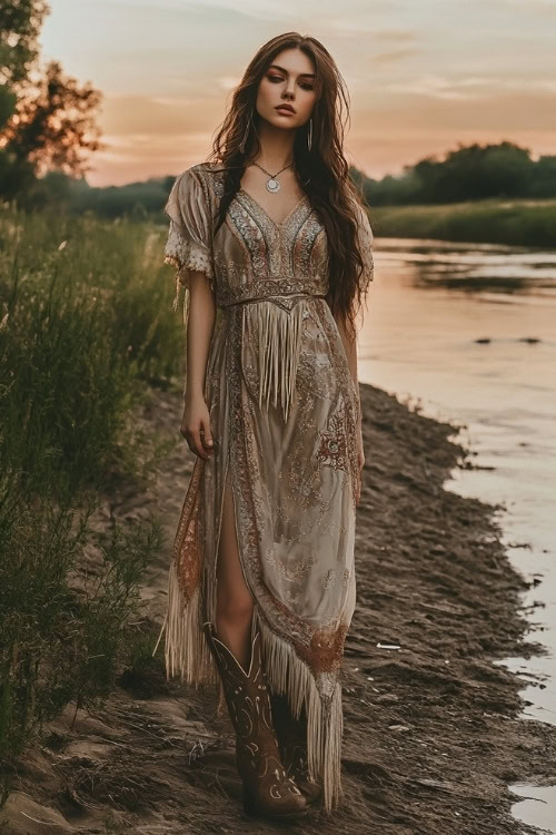 A boho-inspired maxi dress with intricate embroidery, styled with fringe cowboy boots (2)