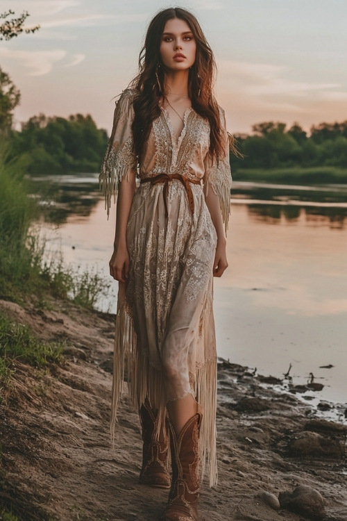 A boho-inspired maxi dress with intricate embroidery, styled with fringe cowboy boots