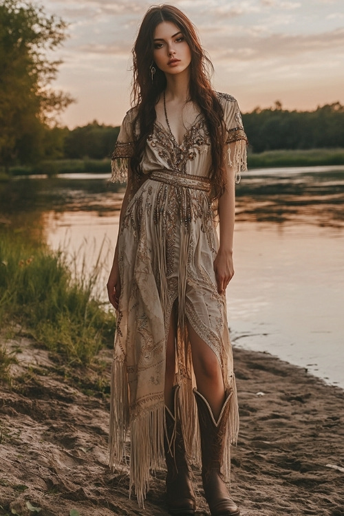 A boho-inspired maxi dress with intricate embroidery, styled with fringe cowboy boots