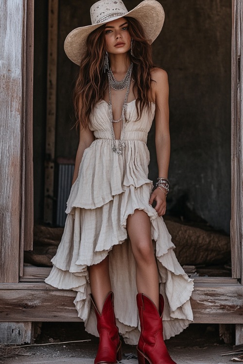 A boho-inspired outfit featuring red cowboy boots, a beige tiered maxi dress, and a statement silver necklace (2)