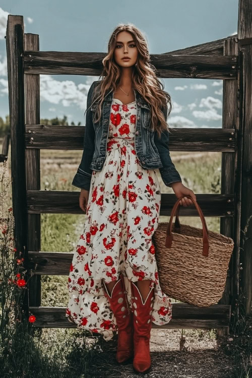 A boho-inspired rodeo look with red cowboy boots, a flowy floral-print maxi skirt, and a fitted denim jacket 