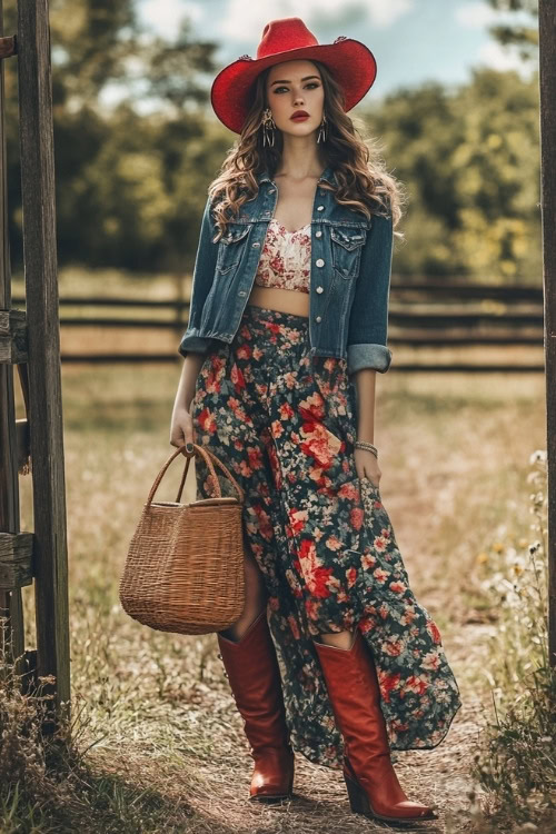 A boho-inspired rodeo look with red cowboy boots, a flowy floral-print maxi skirt, and a fitted denim jacket