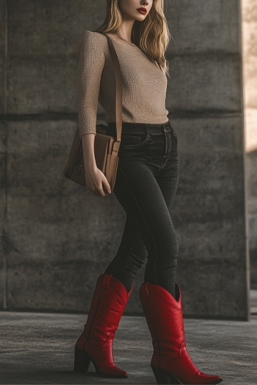 A casual but polished outfit featuring red cowboy boots, high-waisted black jeans, and a fitted beige knit top