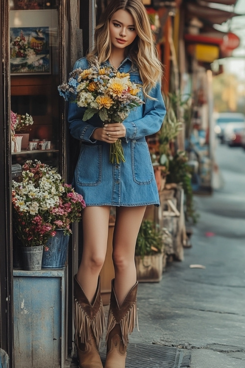 A casual denim shirt dress styled with fringe cowboy boots, holding a bouquet of flowers (2)