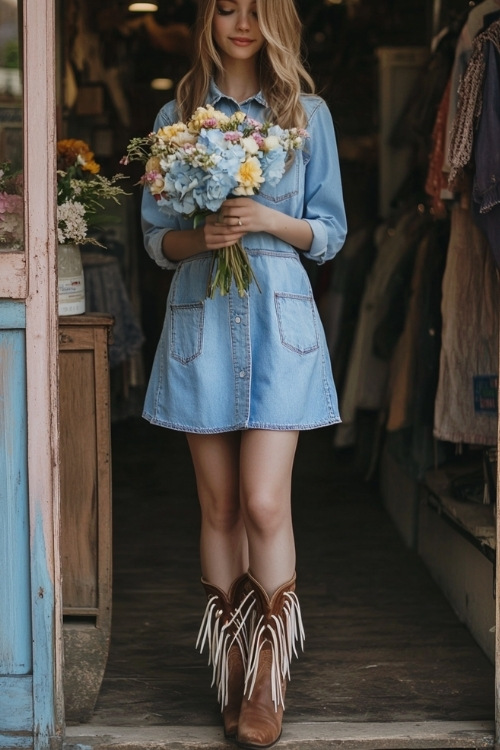 A casual denim shirt dress styled with fringe cowboy boots, holding a bouquet of flowers