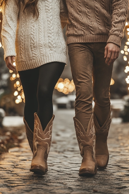 A casual winter outfit with a cable-knit sweater, leggings, and tall cowboy boots, walking with a partner under string lights