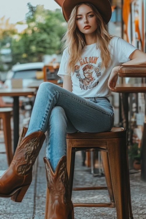 A casual yet chic look with a tucked-in graphic tee, high-waisted jeans, and brown cowboy boots