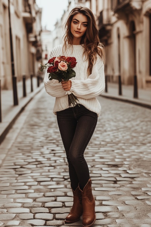 A casual yet romantic ensemble featuring a white knit sweater, dark skinny jeans