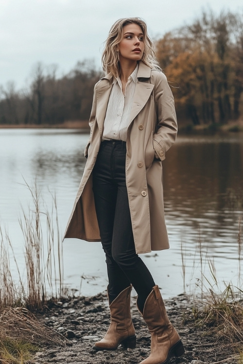 A chic trench coat layered over a button-up blouse, paired with neutral cowboy boots