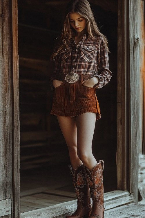 A classic Western-inspired look with a corduroy skirt, flannel shirt, and embroidered cowboy boots