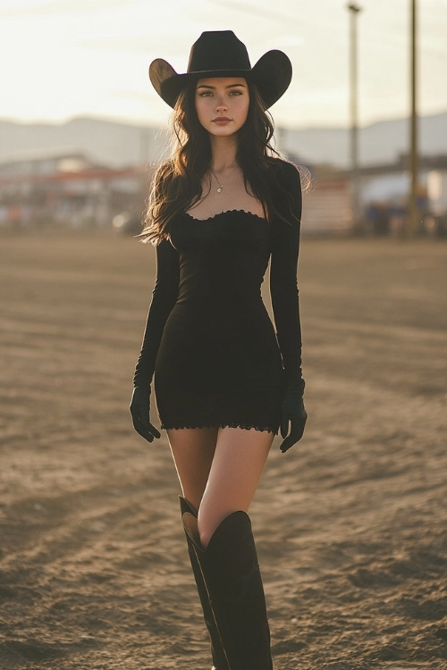 A confident rodeo-goer in a black long-sleeve fitted dress, black cowgirl boots, and a cowboy hat, standing in a dusty rodeo lot