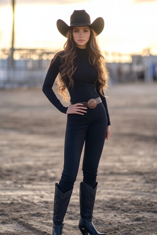 A confident rodeo-goer in a black long-sleeve fitted top, knee-high black cowgirl boots, and a cowboy hat