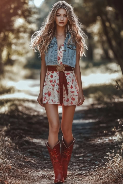 A country-casual outfit featuring red cowboy boots, a fitted midi dress with a small floral print, and a cropped denim vest (2)