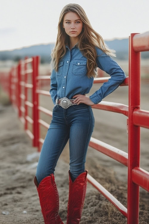 A cowgirl-chic outfit with red cowboy boots, bootcut jeans, and a tucked-in chambray button-up shirt