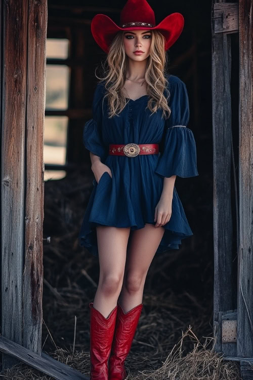 A cowgirl in a navy blue flowy dress, knee-high red cowgirl boots, and a statement belt, posing gracefully in front of a rustic rodeo barn