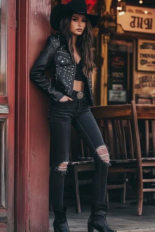 A cowgirl wearing a black studded leather jacket, ripped black jeans, and black cowgirl boots, confidently standing near a classic Western-style saloon