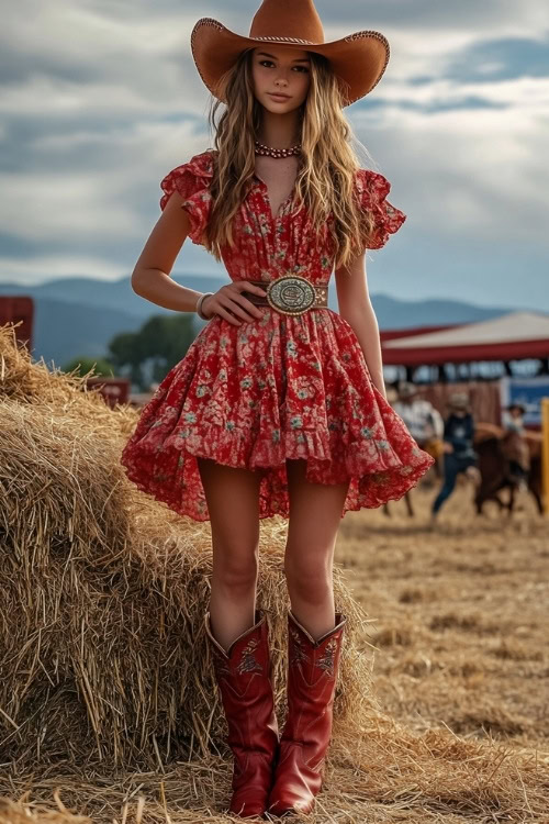 A fashionable cowgirl in a red floral ruffle dress, knee-high red cowgirl boots, and a concho belt, standing near a hay bale setup at a Coachella event