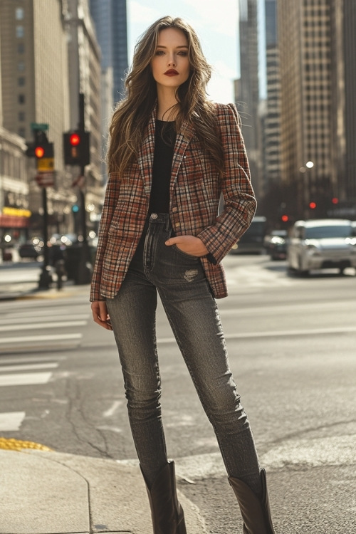 A fashionable look with a plaid blazer, skinny jeans, and black cowboy boots,