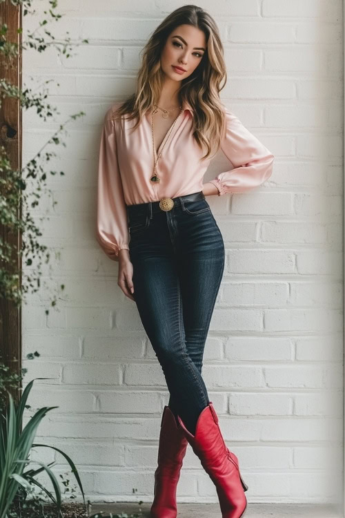 A feminine and stylish look featuring red cowboy boots, dark-wash skinny jeans, and a soft pink satin blouse tucked in