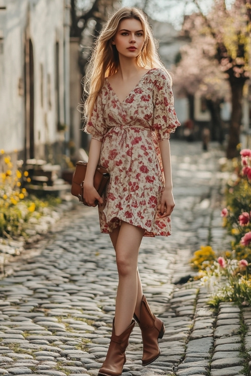 A flirty floral wrap dress paired with tan cowboy boots and a crossbody bag