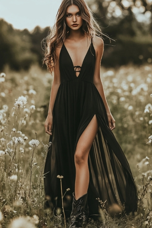 A flowy black maxi dress with a deep neckline and black suede cowboy boots, in a romantic countryside setting (2)