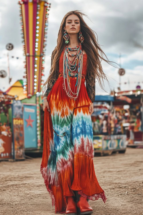 A fun and colorful Coachella festival outfit with red cowboy boots, a boho-style tie-dye maxi dress, and layered beaded jewelry