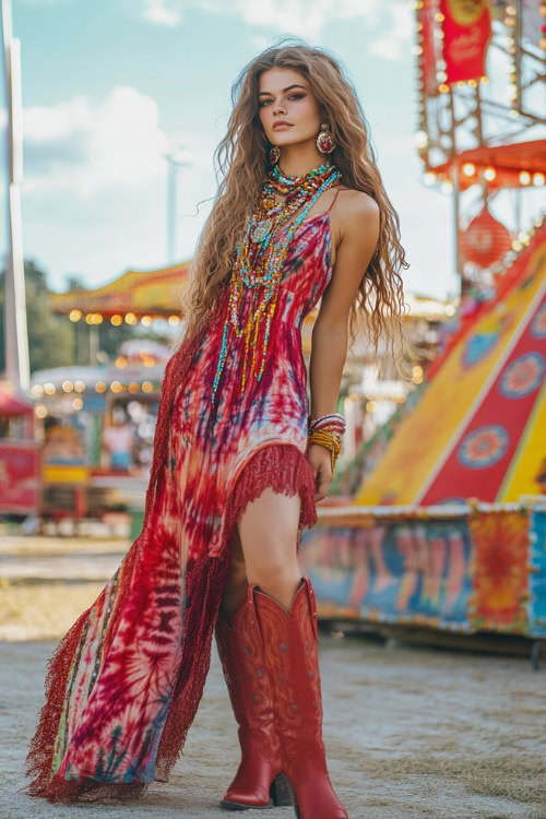 A fun and colorful festival outfit with red cowboy boots, a boho-style tie-dye maxi dress, and layered beaded jewelry (3)