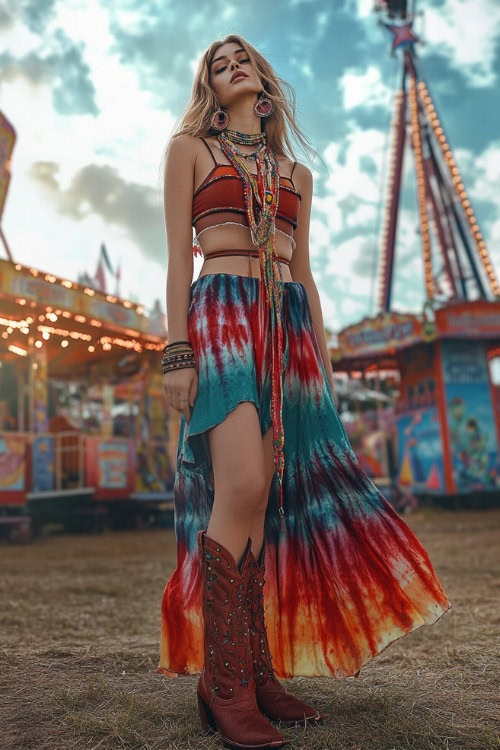 A fun and colorful festival outfit with red cowboy boots, a boho-style tie-dye maxi dress, and layered beaded jewelry