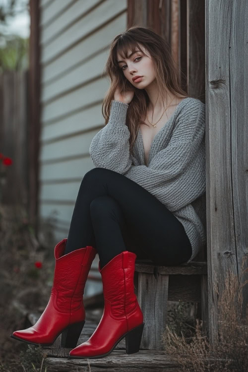 A laid-back Western-inspired look with red cowboy boots, high-waisted black leggings, and an oversized gray sweater