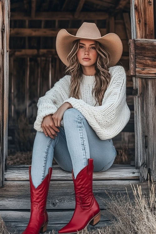 A laid-back cowgirl look with red cowboy boots, cuffed boyfriend jeans, and a white oversized sweater (2)