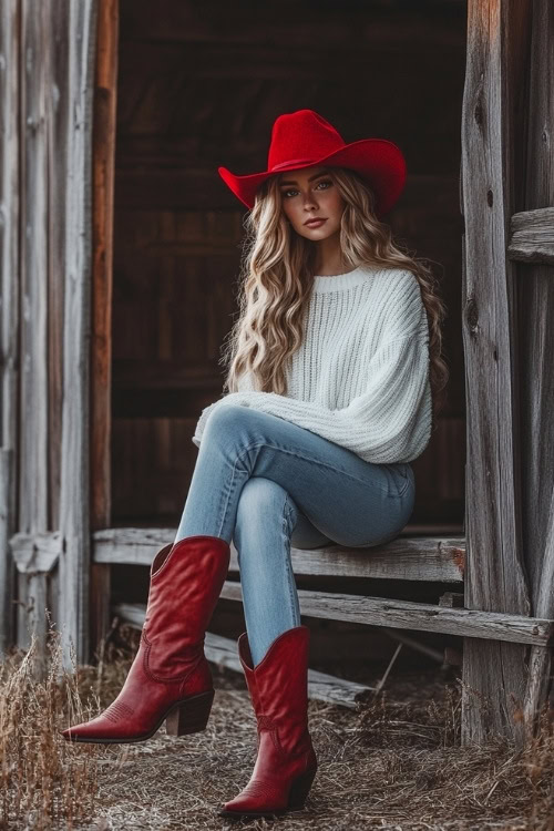 A laid-back cowgirl look with red cowboy boots, cuffed boyfriend jeans, and a white oversized sweater