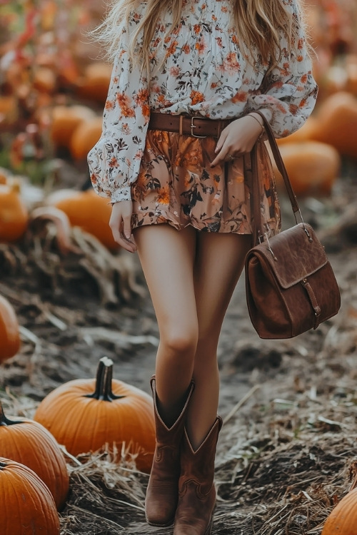 A layered outfit featuring a floral blouse, suede mini skirt, and ankle cowboy boots