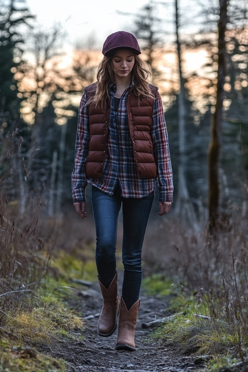 A layered outfit with a flannel shirt, puffer vest, and ankle cowboy boots, walking along a trail at dusk