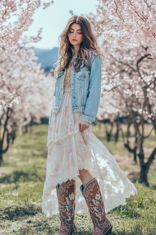 A light denim jacket over a pastel maxi dress, paired with embroidered cowboy boots, standing under cherry blossom trees