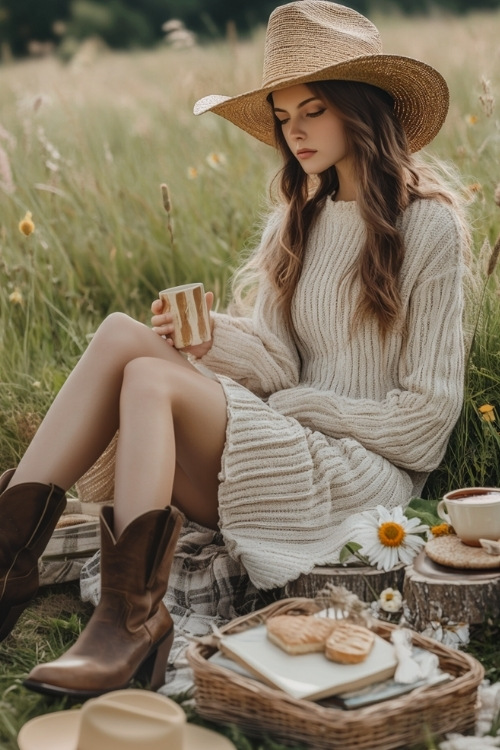 A lightweight sweater dress with heeled cowboy boots, accessorized with a straw hat