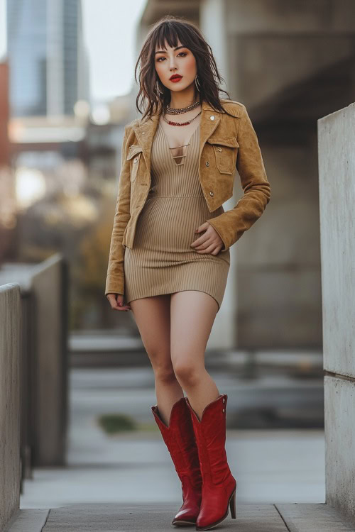 A modern Western outfit featuring red cowboy boots, a fitted ribbed midi dress in a neutral color, and a cropped suede jacket