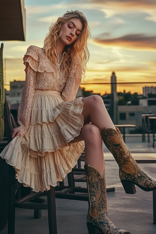 A modern boho look with a tiered skirt, lace top, and patterned cowboy boots