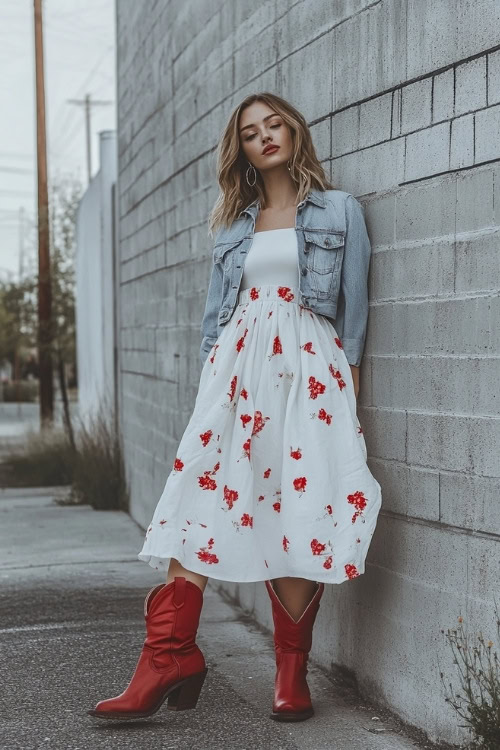 A modern country-chic outfit with red cowboy boots, a flowy white floral midi skirt, and a tucked-in denim jacket