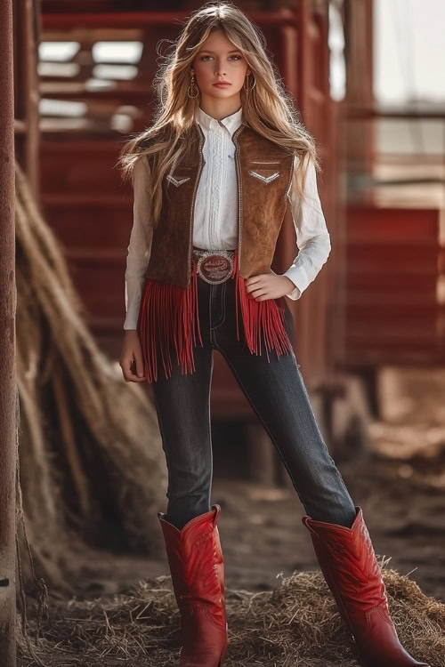 A modern cowgirl outfit with red cowboy boots, dark wash bootcut jeans, a suede fringe vest over a white top, and silver hoop earrings