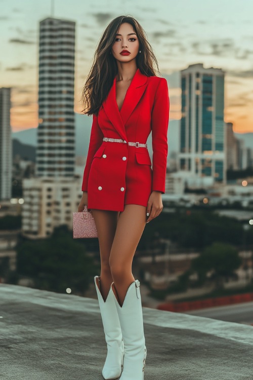 A modern look with a fitted red blazer dress styled with white cowboy boots 