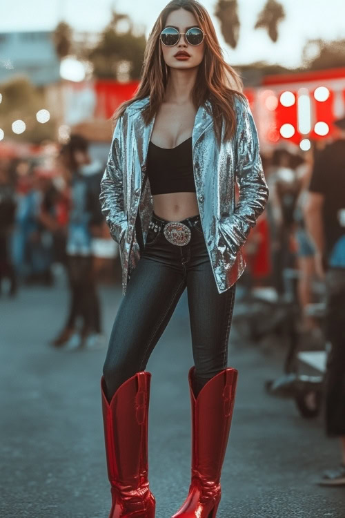 A rock-country fusion outfit featuring red cowboy boots, black skinny jeans, and a metallic silver jacket over a black top 