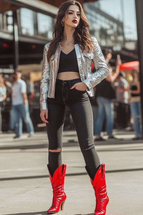 A rock-country fusion outfit featuring red cowboy boots, black skinny jeans, and a metallic silver jacket over a black top (3)