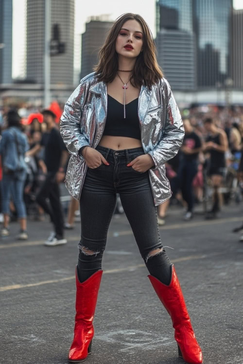 A rock-country fusion outfit featuring red cowboy boots, black skinny jeans, and a metallic silver jacket over a black top