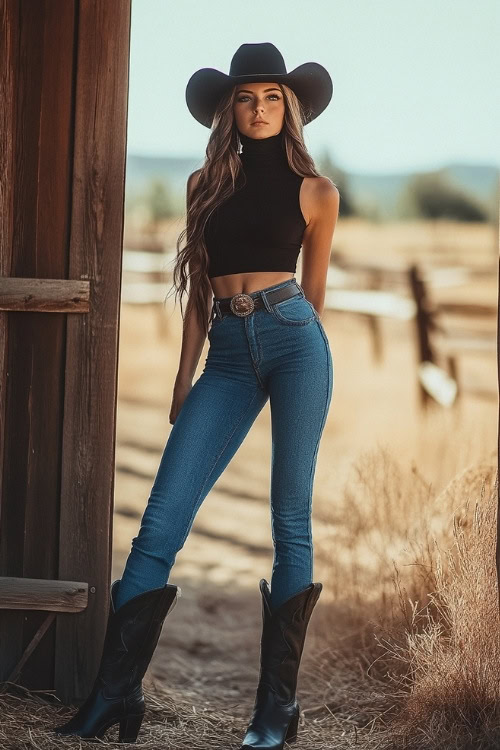 A Coachella-goer in a black sleeveless turtleneck, flared blue jeans, and polished black cowgirl boots, confidently posing near a wooden corral