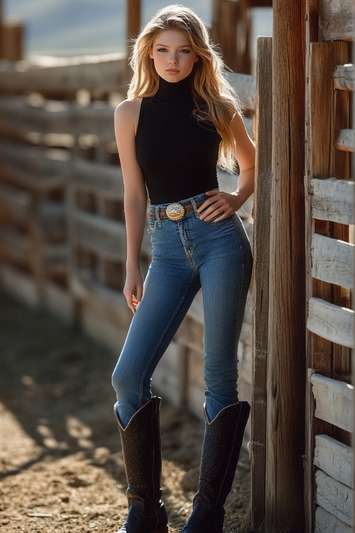 A rodeo-goer in a black sleeveless turtleneck, flared blue jeans, and polished black cowgirl boots