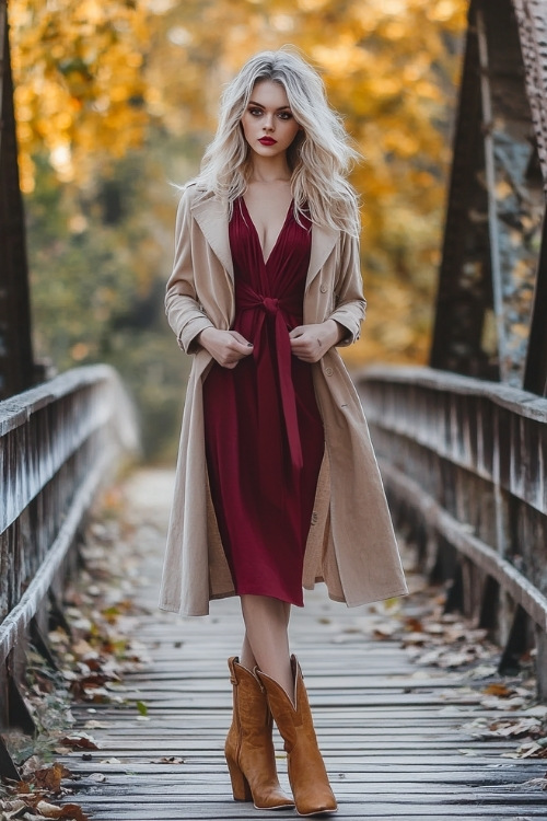 A romantic burgundy wrap dress styled with tan cowboy boots and a trench coat, posing by a charming autumn bridge (2)