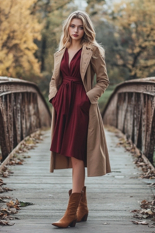 A romantic burgundy wrap dress styled with tan cowboy boots and a trench coat, posing by a charming autumn bridge