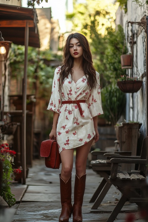 A romantic outfit featuring a white wrap dress with red floral prints, styled with brown cowboy boots and a red crossbody bag (2)